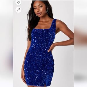 Lulus Sequin Blue Velvet Square Neck Mini Dress